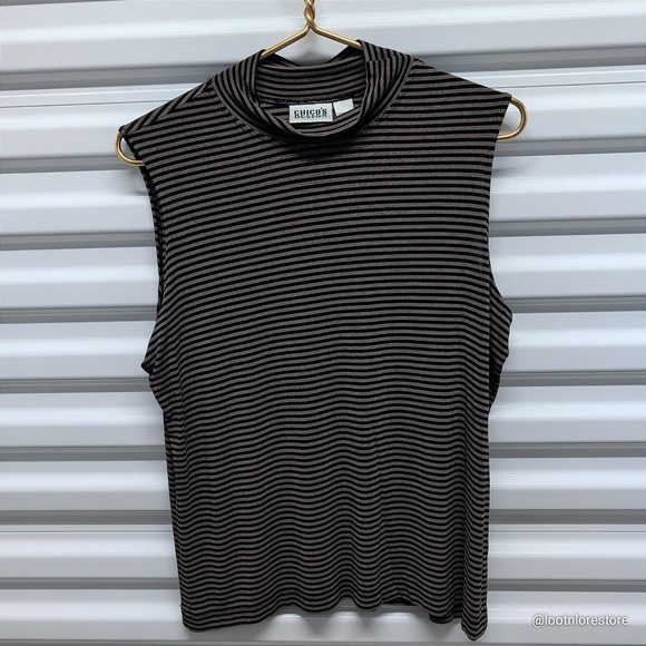 Chico's Design Size 3 Women's Black Tan Striped Mock Neck Sleeveless Top Shell — photo 2
